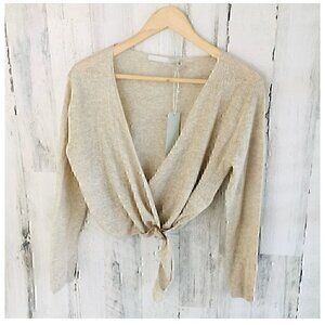 ONE GREY DAY WOMENS, COTTON BLEND WITH LINEN, WRAP SWEATER LIGHT BROWN, SMALL